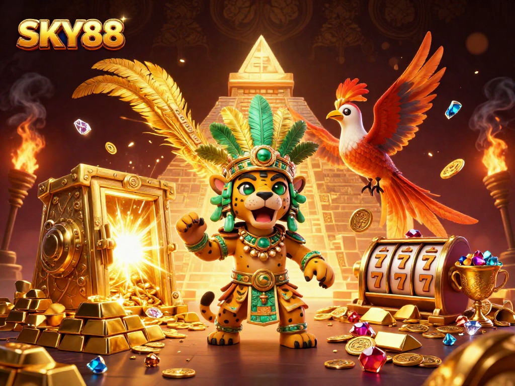 Bet big at SKY88 with vibrant 3D casino scene featuring gold treasures and jackpot reels.