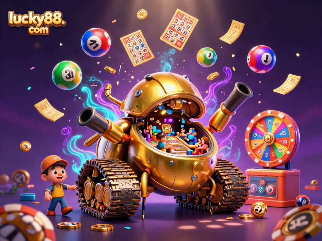 Experience excitement with lucky88. com, featuring a dynamic 3D illustration of a casino beetle tank and lottery action.