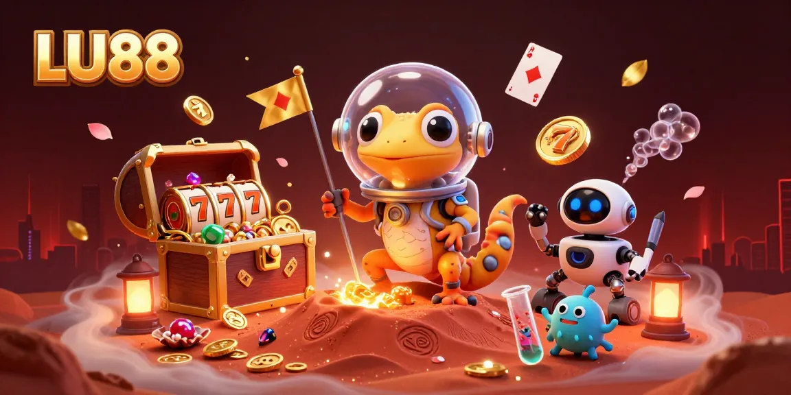 LU88 casino scene showcases a Martian gecko discovering treasures, perfect for gamblers.