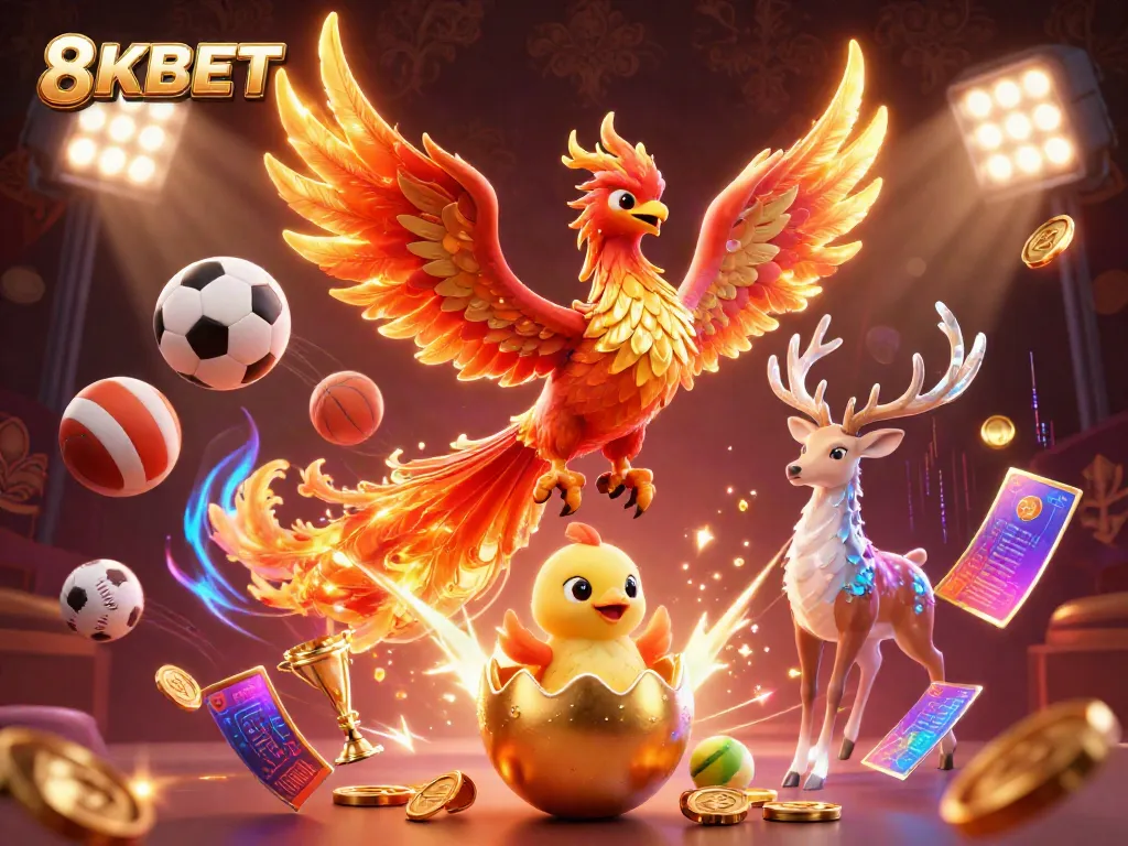 Experience the thrill of 8KBET with a vibrant scene featuring a majestic phoenix and dynamic sports elements.