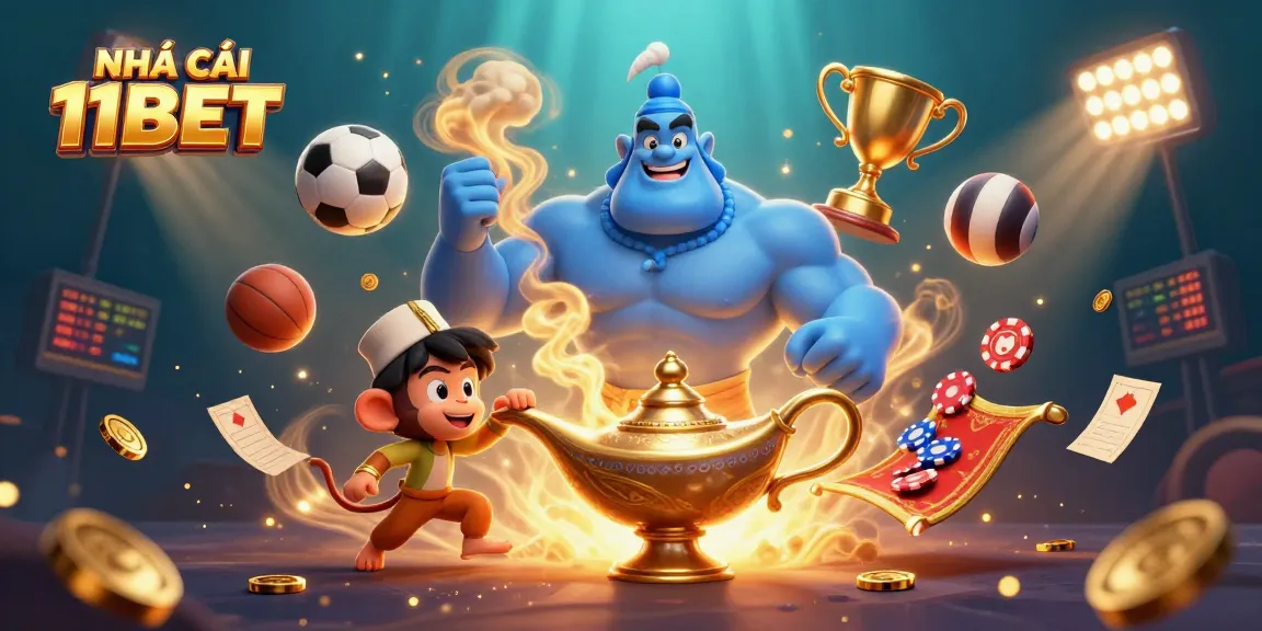 Experience NHÀ CÁI 11BET casino excitement with engaging 3D characters surrounded by animated sports elements.