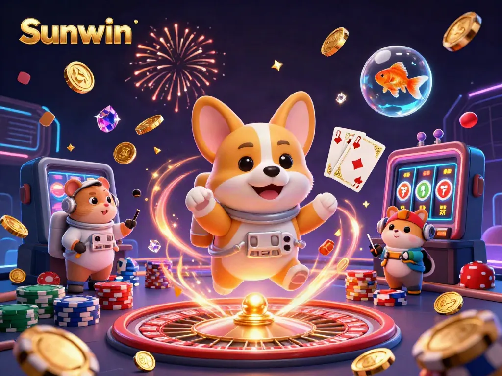 Experience thrilling games at Sunwin with a vibrant 3D casino scene featuring floating coins and a dynamic corgi.