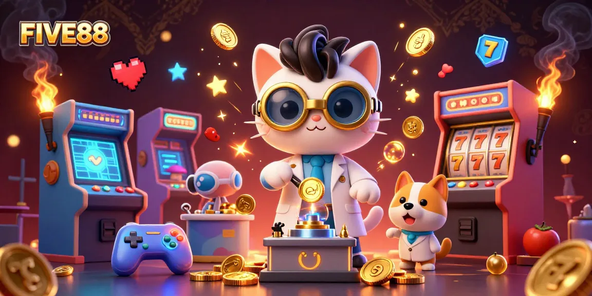 Engage in the fun world of FIVE88 with a vibrant scene featuring a scientist cat and dog creating gold coins.