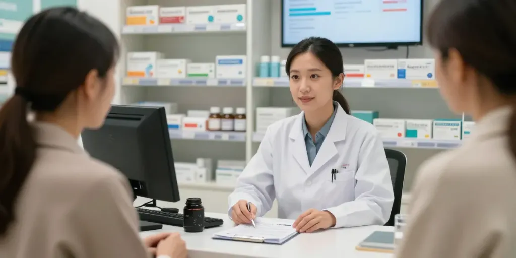 Quetiapine kopen: Apotheker geeft advies over medicijn aan patiënt in moderne apotheek