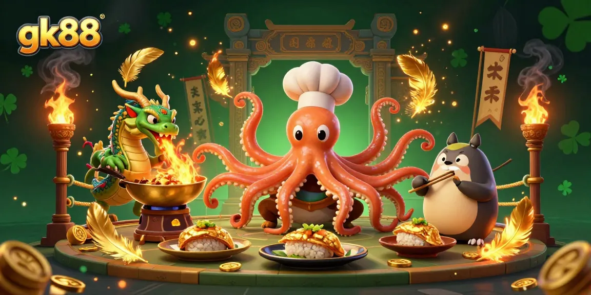 Win big at gk88 as a 3D sushi-chef octopus prepares golden dishes in a vibrant casino