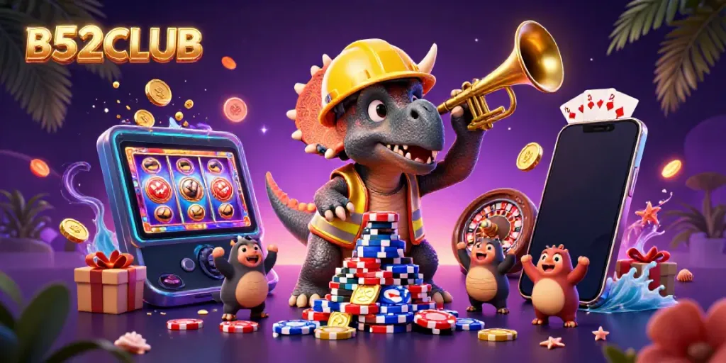Celebrate winning moments in B52CLUB with a lively 3D casino illustration showing characters and game elements.