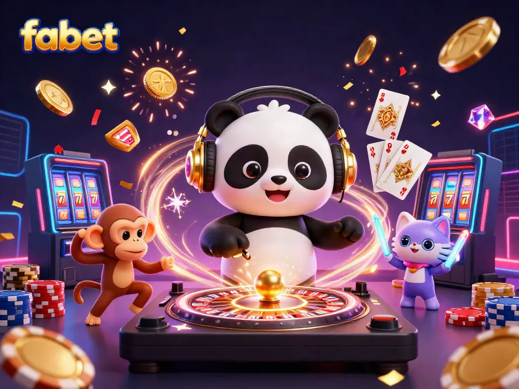 Celebrate wins at fabet with vibrant casino-themed 3D illustration featuring lively characters and dynamic game elements.