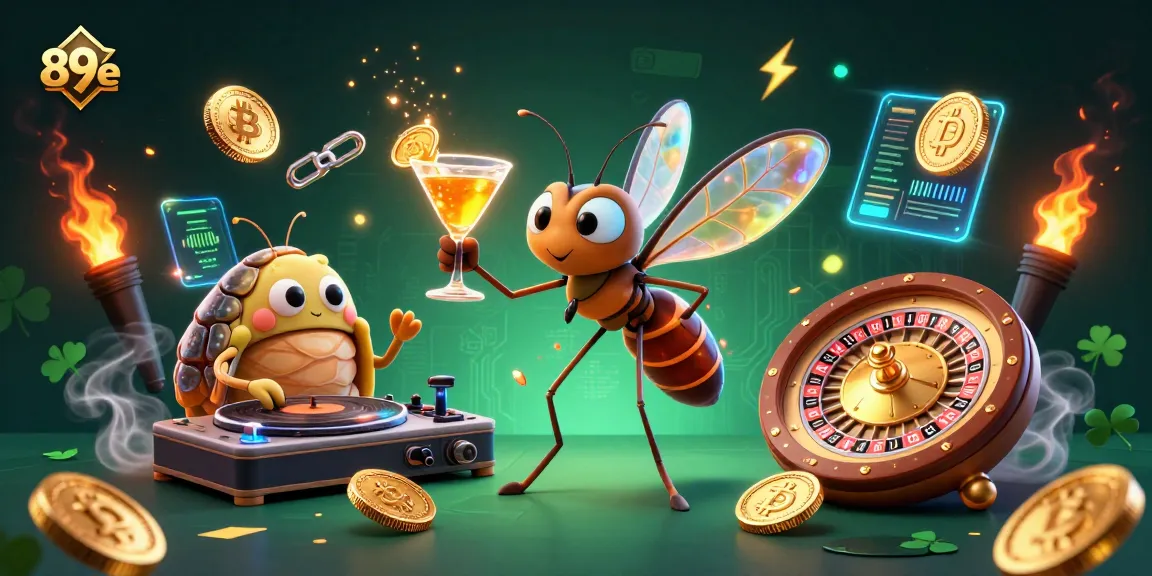 Engage in dynamic gaming with 89e: Experience a vibrant 3D casino scene with animated characters and cryptocurrency elements.
