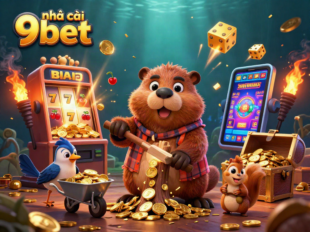 Experience the excitement at nhà cái 9bet with a vibrant casino-themed 3D illustration featuring lucky symbols, gold coins, and dynamic characters.