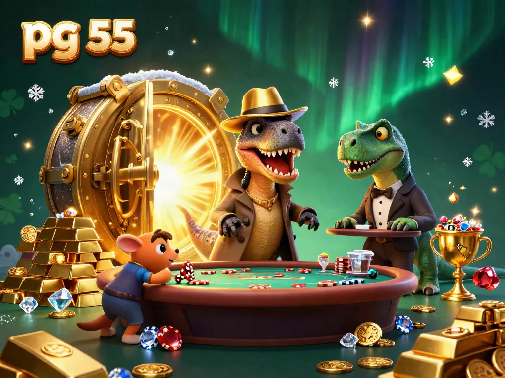 Experience the excitement of pg 55 online casino with a vivid 3D scene showcasing a velociraptor at a blackjack table surrounded by treasures.