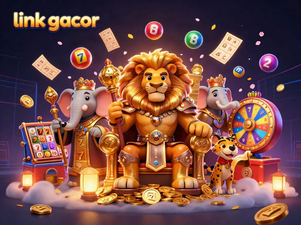 Engage with the vibrant world of link gacor featuring a lion king, elephant advisor, and cheetah messenger amidst colorful slot themes and jackpot visuals.