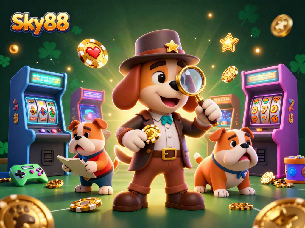 Play thrilling games at Sky88 with a detective themed illustration showing action-packed gambling elements.
