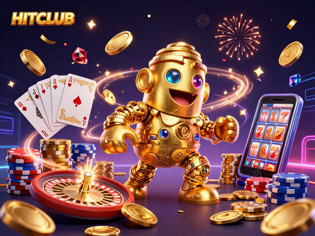 Experience thrilling gaming at HITCLUB with a captivating scene of golden golems and vibrant casino elements.