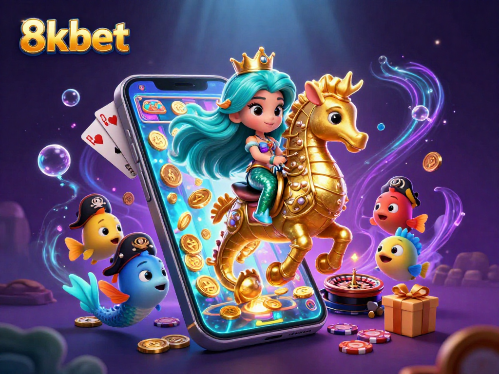 Experience excitement at 8kbet with a vibrant casino scene featuring characters and games.
