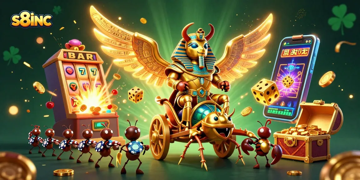 Join the excitement at s8inc with golden scarab beetles in a dynamic casino scene of jackpots and games.