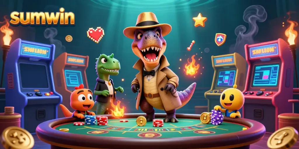 Experience the thrill of gaming with sumwin as cartoon characters play blackjack amidst vibrant arcade machines.
