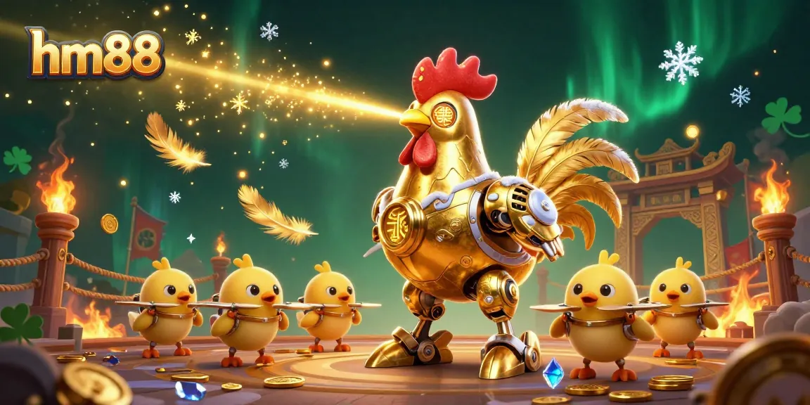 Engage in thrilling betting adventures with hm88 featuring a golden rooster robot in a dynamic casino scene.