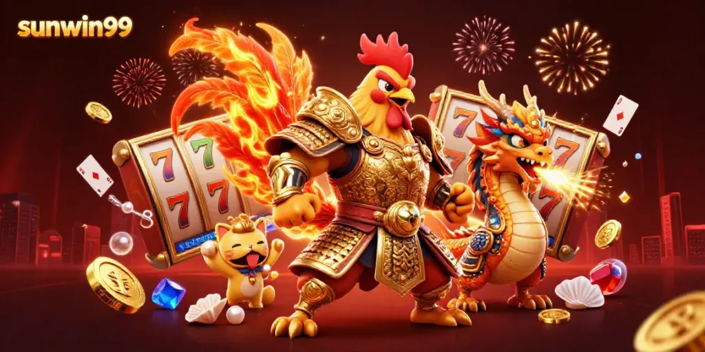 Experience excitement with sunwin99 as a fighting rooster warrior and dragon celebrate big wins in a vibrant casino.