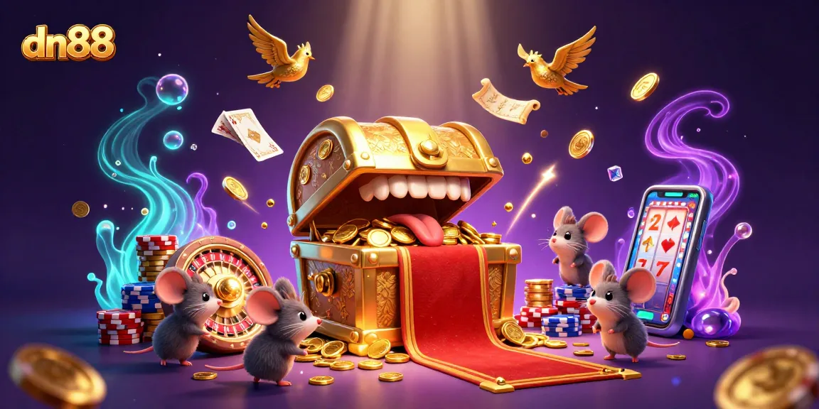 Engage with the dn88 experience featuring a treasure chest lure amid dazzling casino elements.