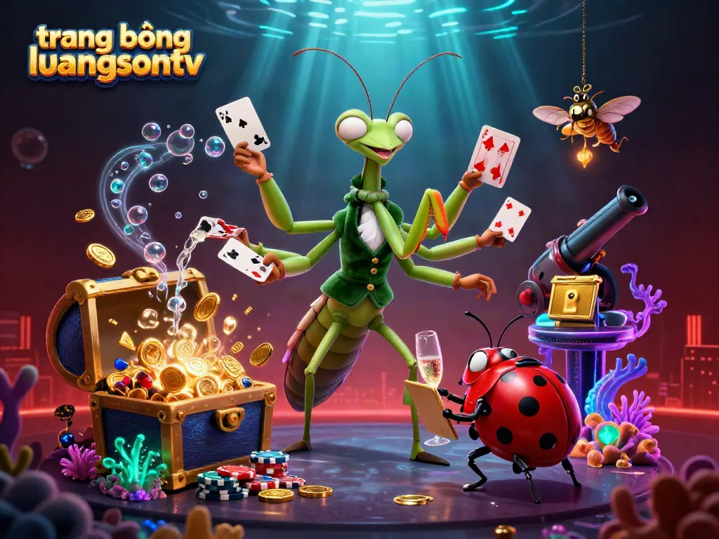 Engaging scene of a mantis card sharp and ladybug pit boss showcasing gaming strategies on trang bóng luongsontv, decorated with vivid casino elements.