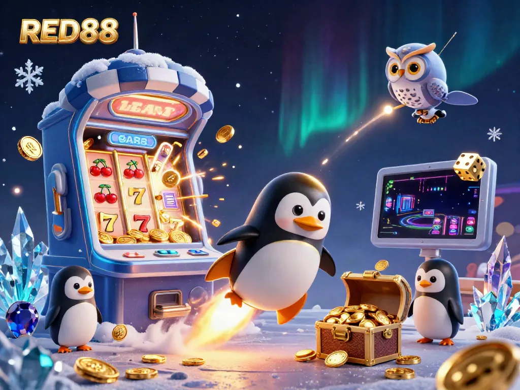 Win big with RED88 in this exciting 3D digital scene featuring a golden penguin, casino characters, and jackpot elements.