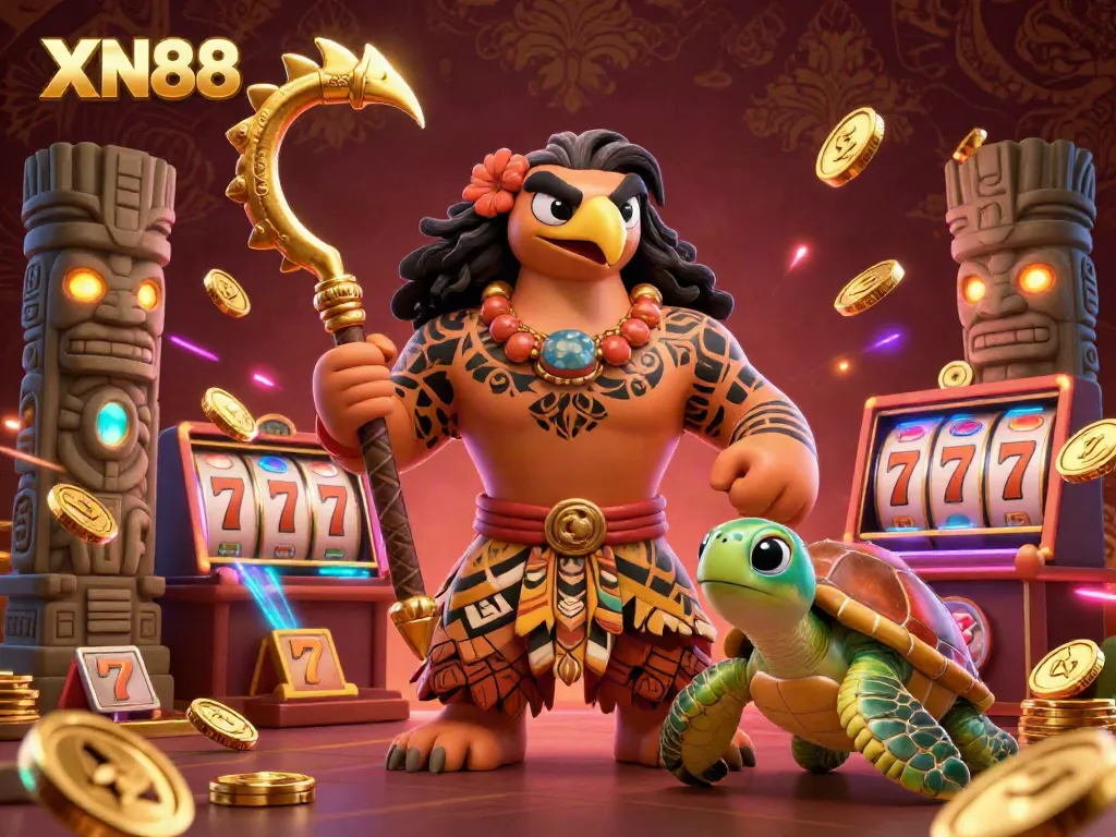 Experience the thrilling atmosphere of XN88 with vibrant game elements and a Polynesian-style demigod.