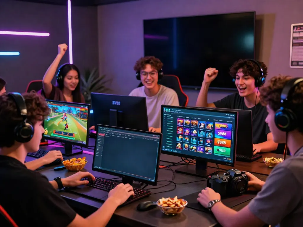 Friends enjoying a gaming session featuring SV88, showcasing online betting excitement in a vibrant atmosphere.