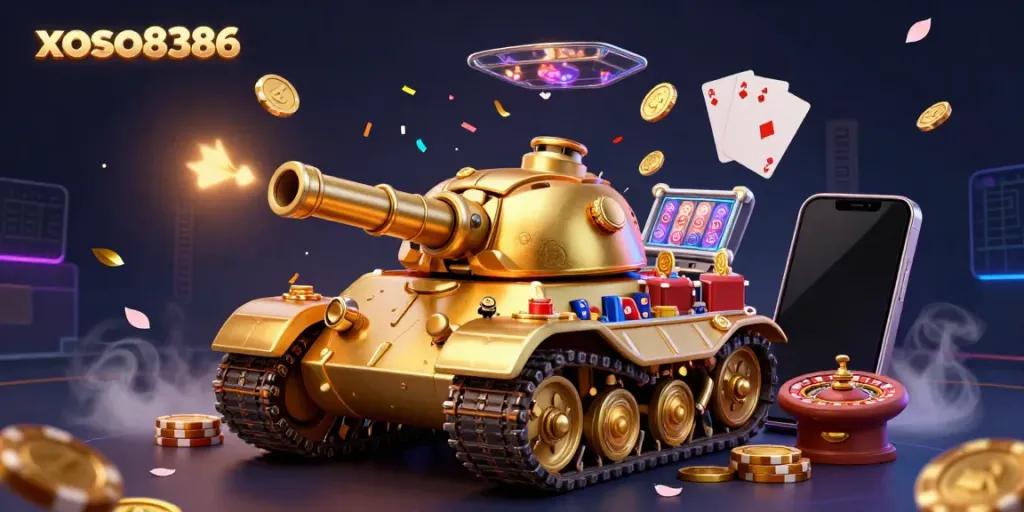 Engage with xoso8386 through a vibrant casino-themed illustration featuring dynamic slot games and charming characters.