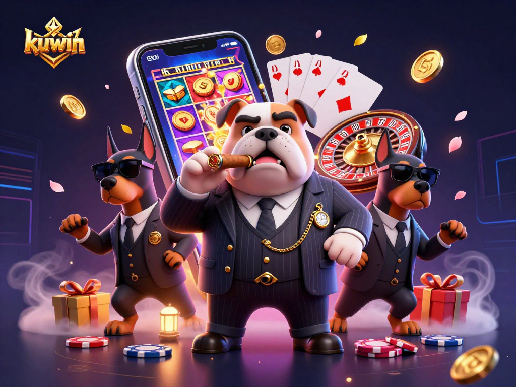 Kuwin gaming scene featuring a mafia bulldog and Doberman bodyguards with gambling elements