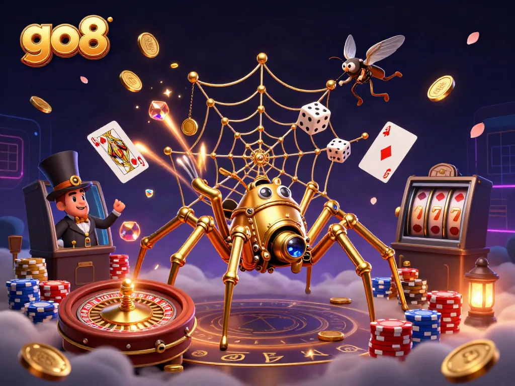 Go8 gaming scene shows a 3D steampunk spider catching lucky dice, surrounded by dazzling casino elements.