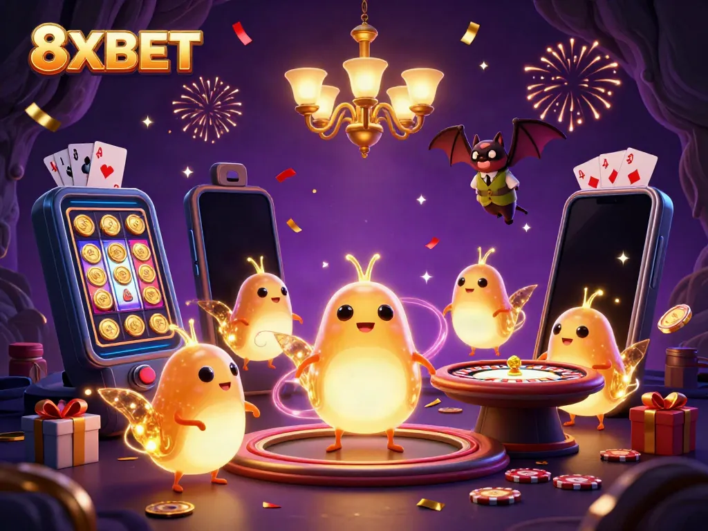 Experience vibrant gaming excitement with 8XBET's charming glowworms illuminating a lively casino scene.