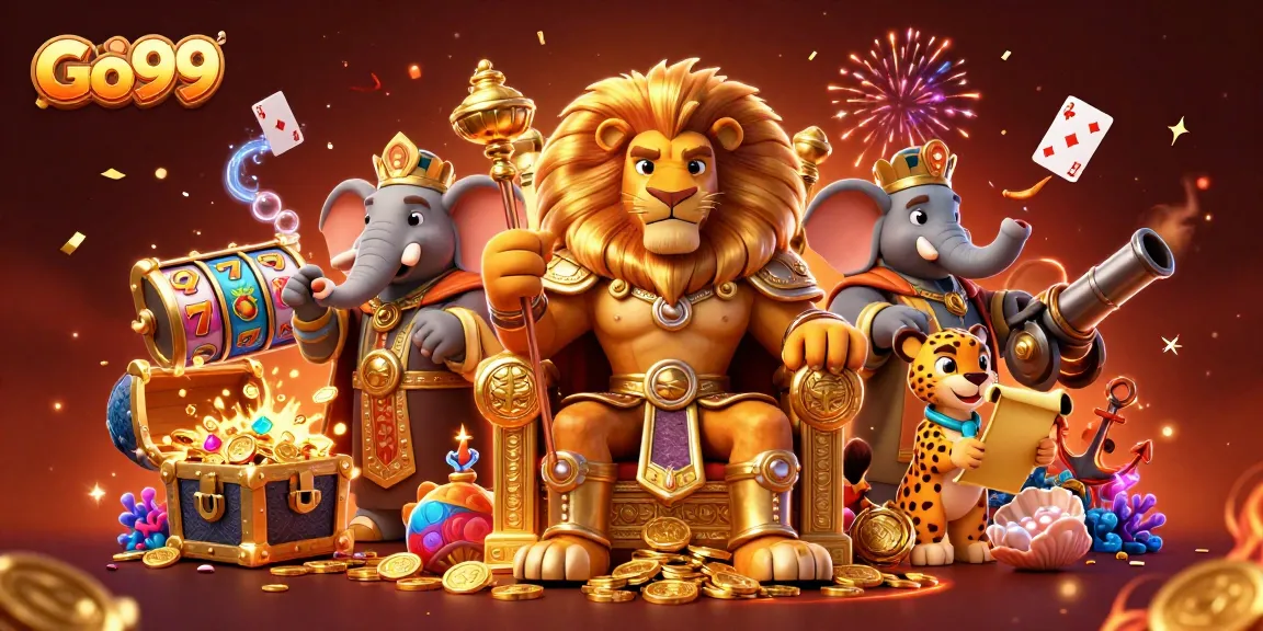 Experience thrilling gameplay at Go99 with a vibrant 3D casino scene featuring majestic characters.