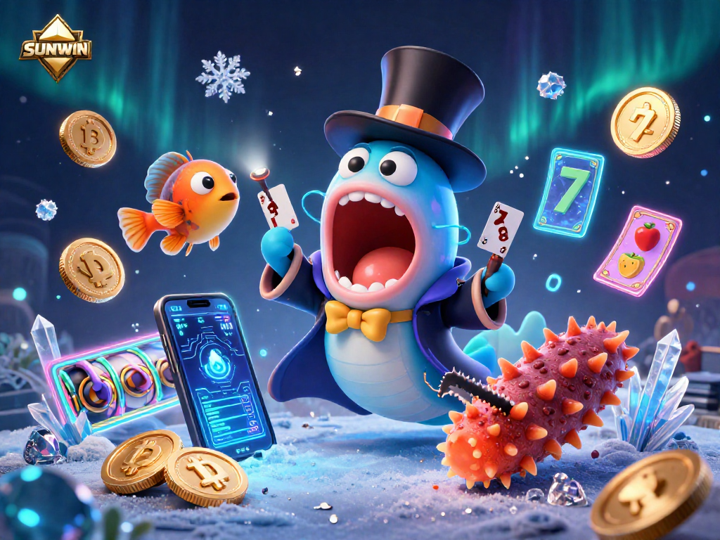 SUNWIN showcases a mesmerizing magic act with a bioluminescent eel and vibrant casino elements.