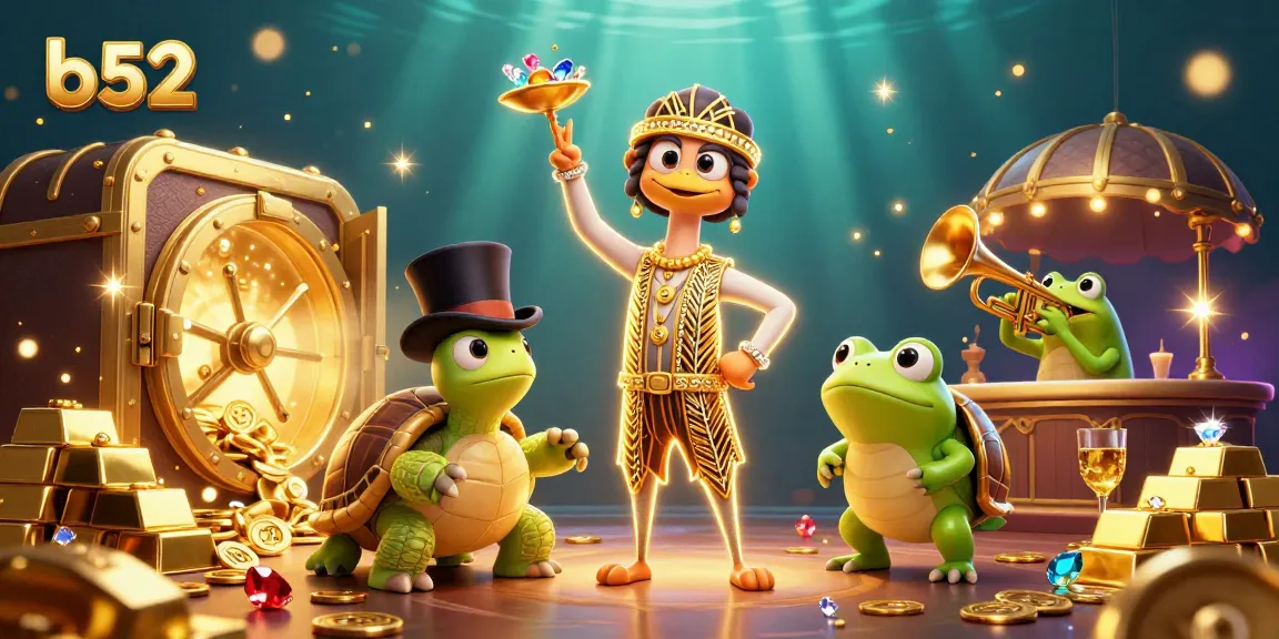 B52 casino experience with gold treasures, characters, and vibrant gambling visuals