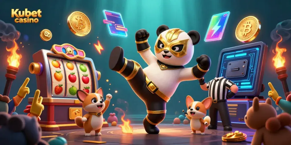 Dynamic 3D scene at Kubet casino featuring vibrant characters engaged in gaming action with cryptocurrency elements.