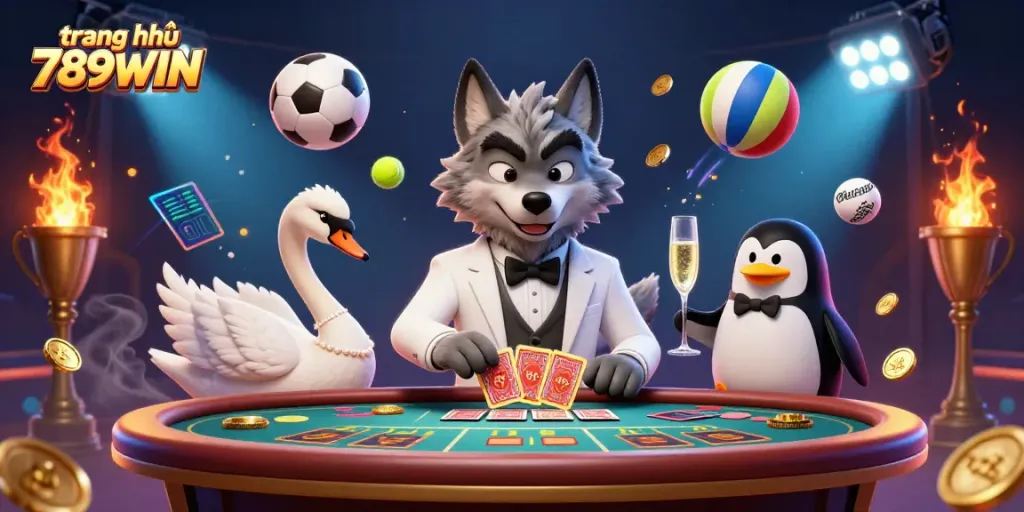 Engage with the thrilling scene at trang chủ 789WIN featuring casino action with vibrant characters and dynamic sports elements.