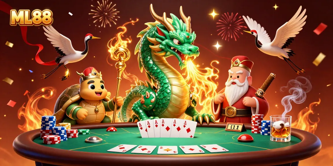 Experience the thrilling ML88 casino scene with a jade dragon, poker chips, and lucky cranes!