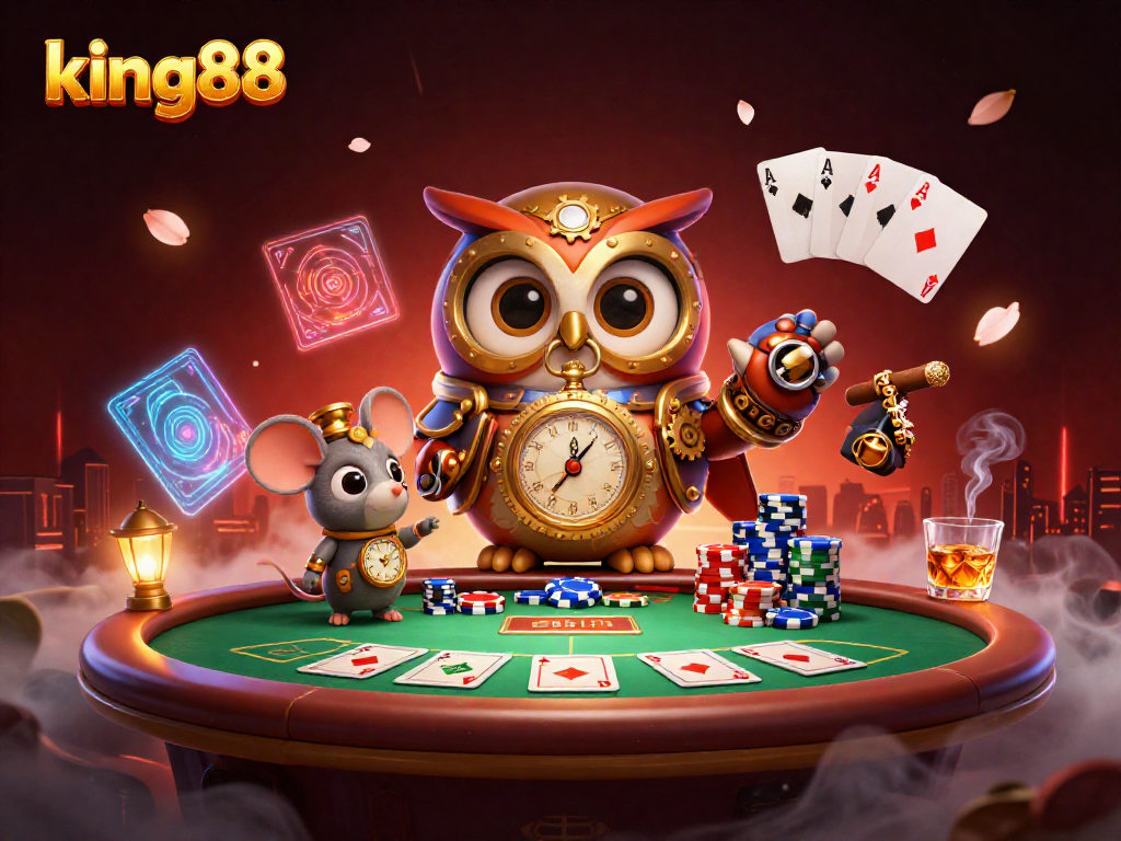 King88 players enjoy a vibrant poker scene with steampunk owl and clockwork mouse companions.