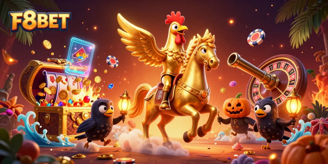 Win big with F8BET's vibrant casino illustration showcasing thrilling gambling elements.