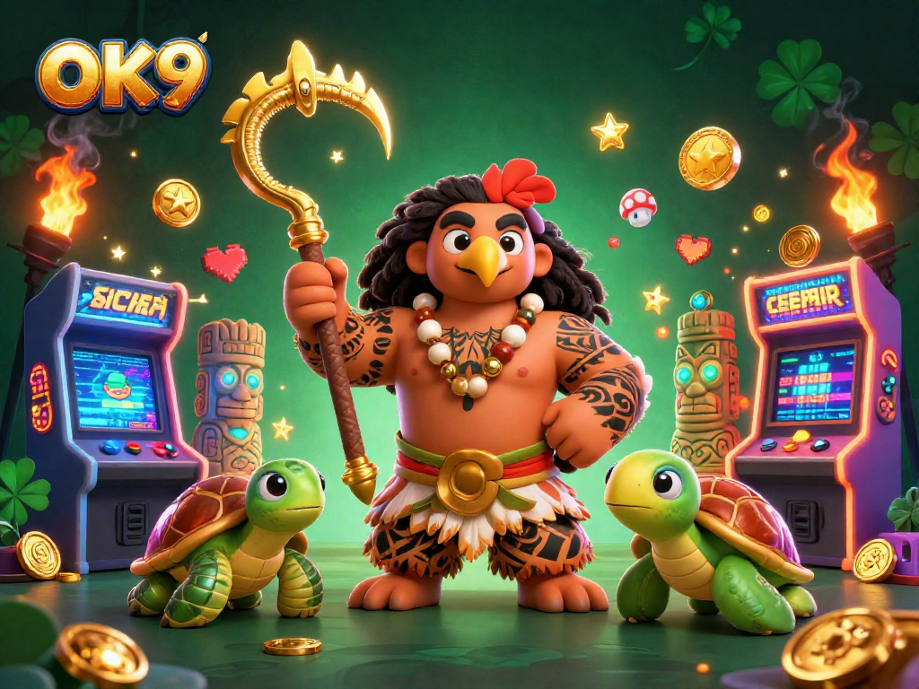 Experience thrilling gameplay with OK9's vibrant casino elements, featuring a demigod hawk and gaming machines.