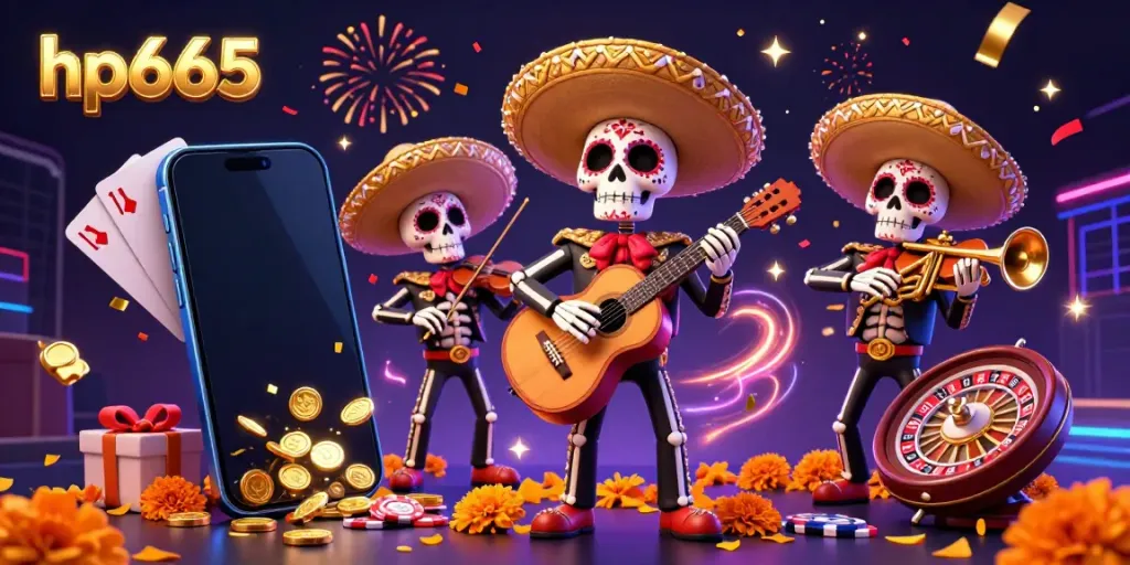 Engage in the vibrant world of gambling with hp665 as a festive mariachi band entertains amidst gaming elements.