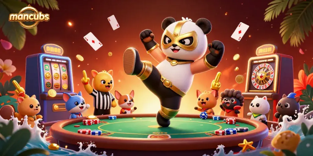 Experience the thrilling action of manclubs with animated characters in a vibrant casino environment.