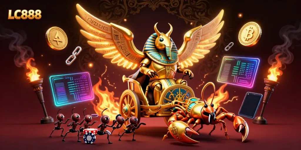 Engage in thrilling gameplay with LC888 in this vibrant 3D illustration featuring golden scarabs and crypto-themed elements.