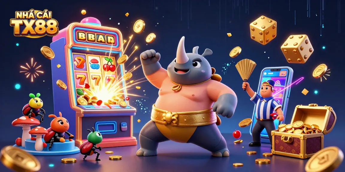 Engage with NHÀ CÁI TX88 through thrilling slot experiences featuring animated beetle champions and vibrant casino elements.