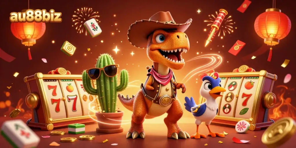 Play slots and win bonuses on au88biz with a vibrant casino-themed illustration featuring a T-Rex and friends.