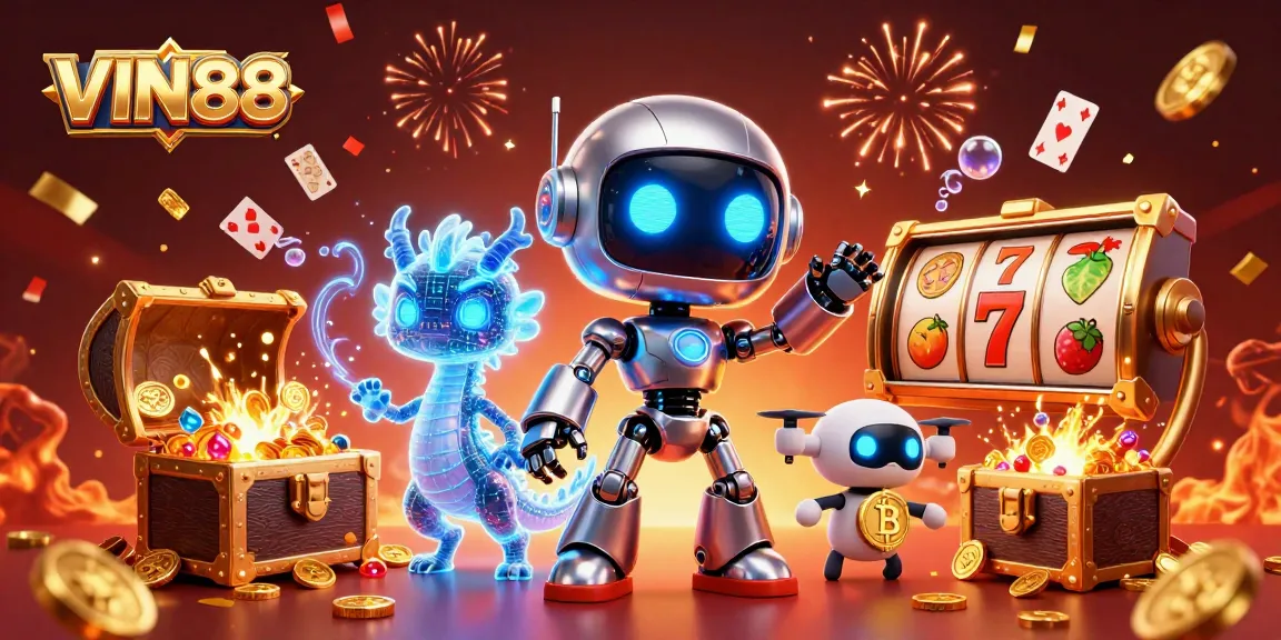 Experience the excitement of VIN88 with a vibrant 3D scene featuring engaging casino characters and game elements.