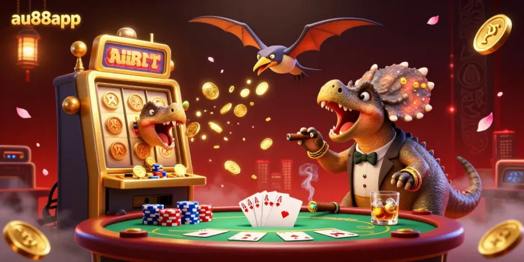 Experience the fun at au88app as a pachycephalosaurus wins a jackpot with cascading coins in a vibrant casino.