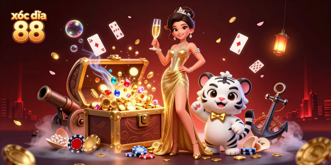 Engage in xóc đĩa 88 with a glamorous woman and lucky tiger cub in a vibrant casino scene.