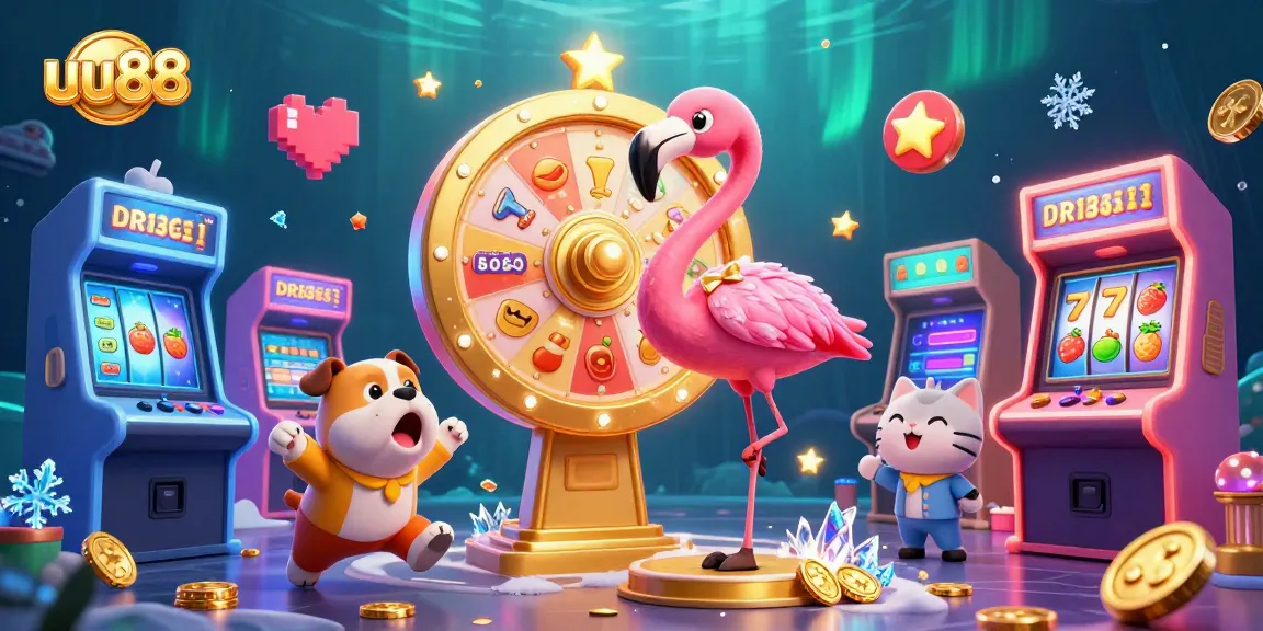 Experience the excitement of uu88 with a vibrant 3D casino scene showcasing spinning prizes and animated characters.