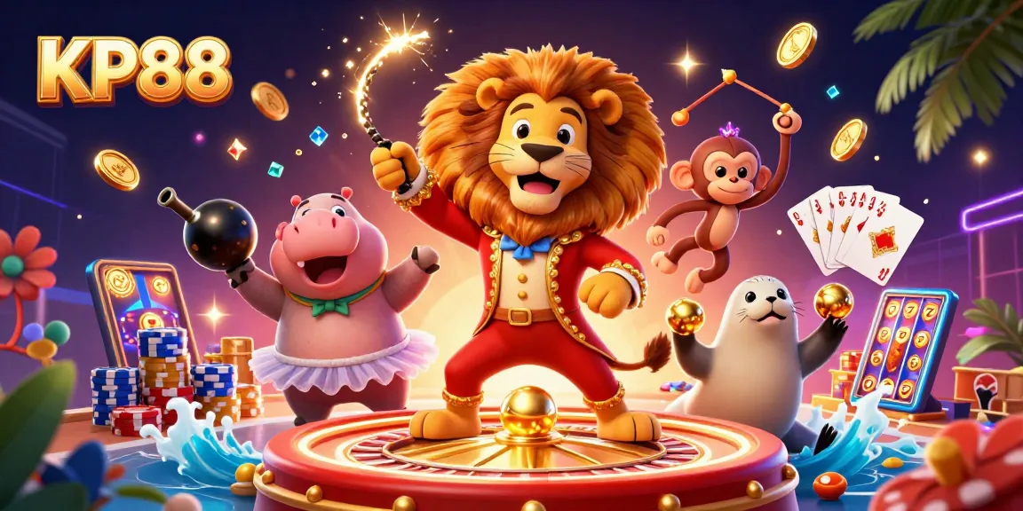 KP88 features lively cartoon characters in a captivating casino scene filled with vibrant game elements.
